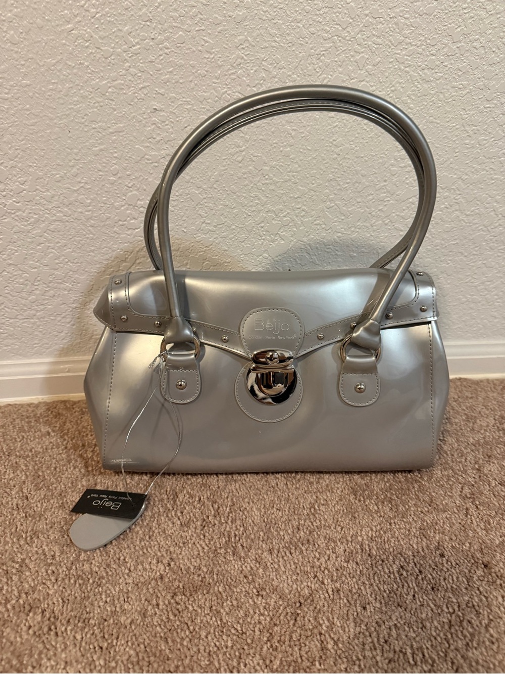 Beijo Metallic Silver Satchel with Turn-Lock
